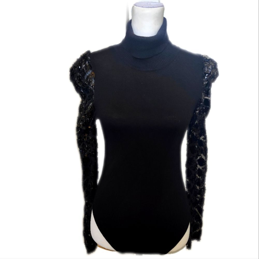 Charmed Hearts Black Fine Knit Turtleneck Bodysuit Sweater, Sequin Sleeves, XS